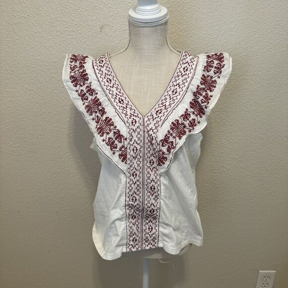 Anthropologie Reath & Wren Embroidered Red & White Ruffled Blouse - Picture 1 of 4